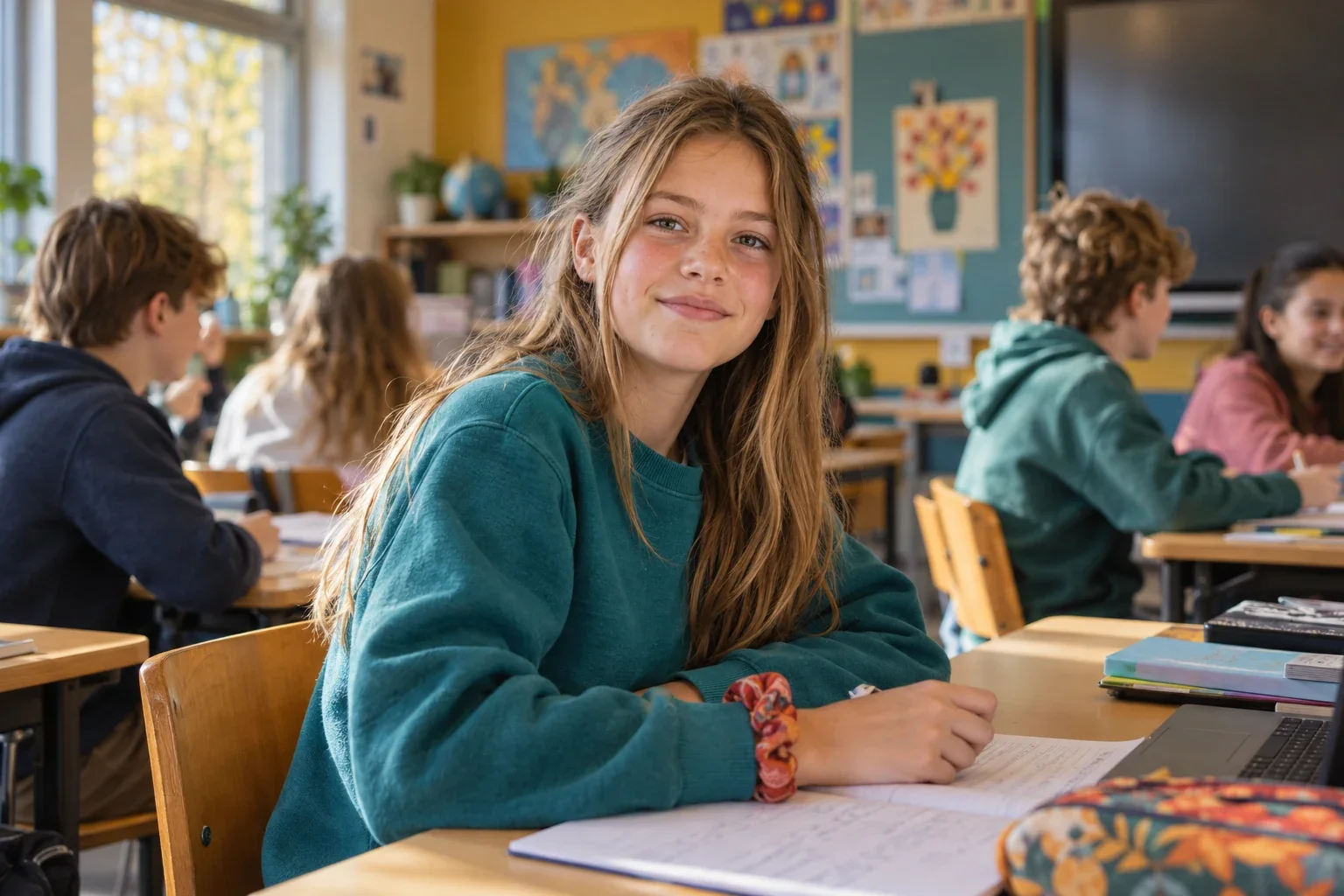 Een leerling uit groep 8 met klasgenoten op de achtergrond