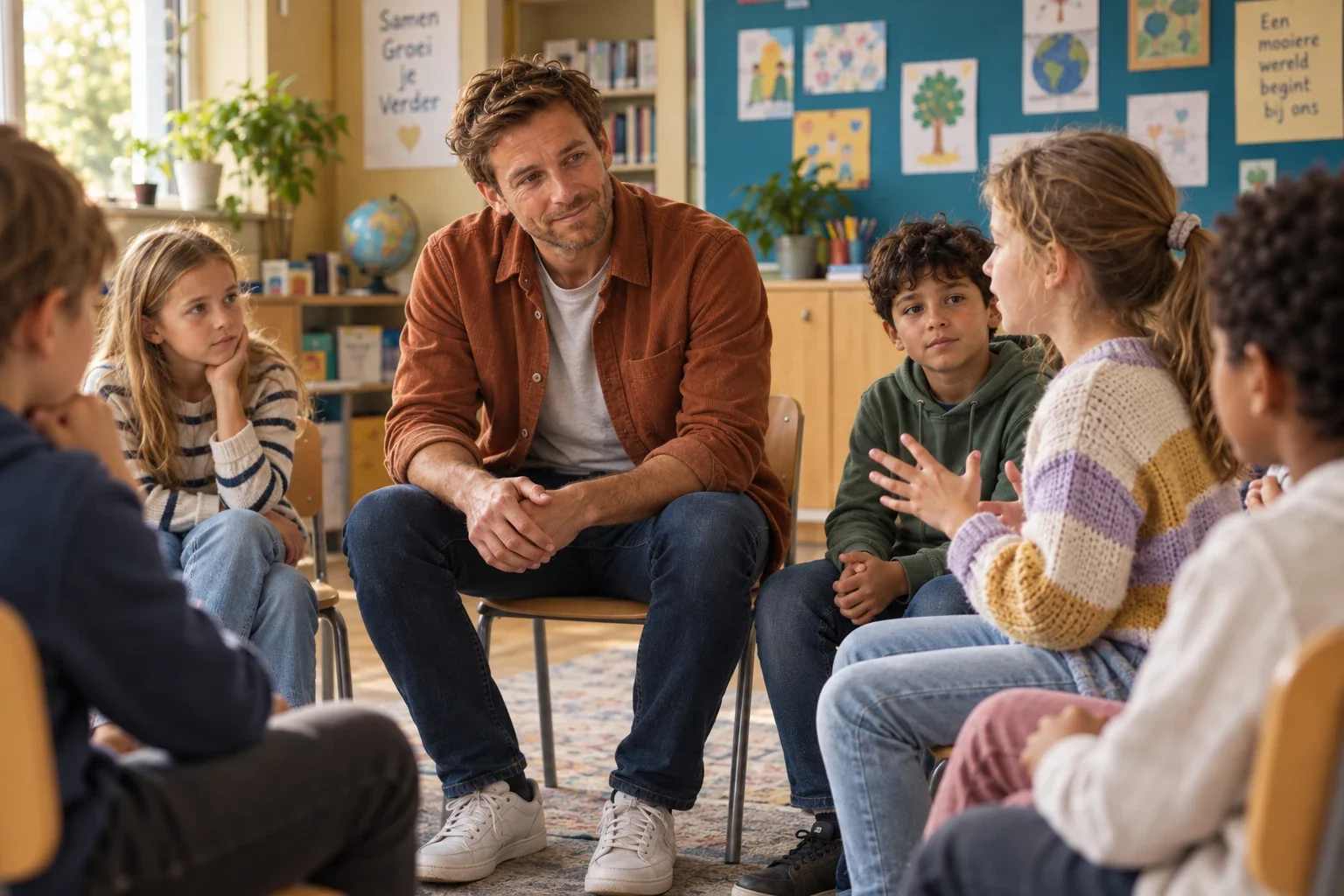 Een meester en kinderen luisteren naar een meisje tijdens een kringgesprek