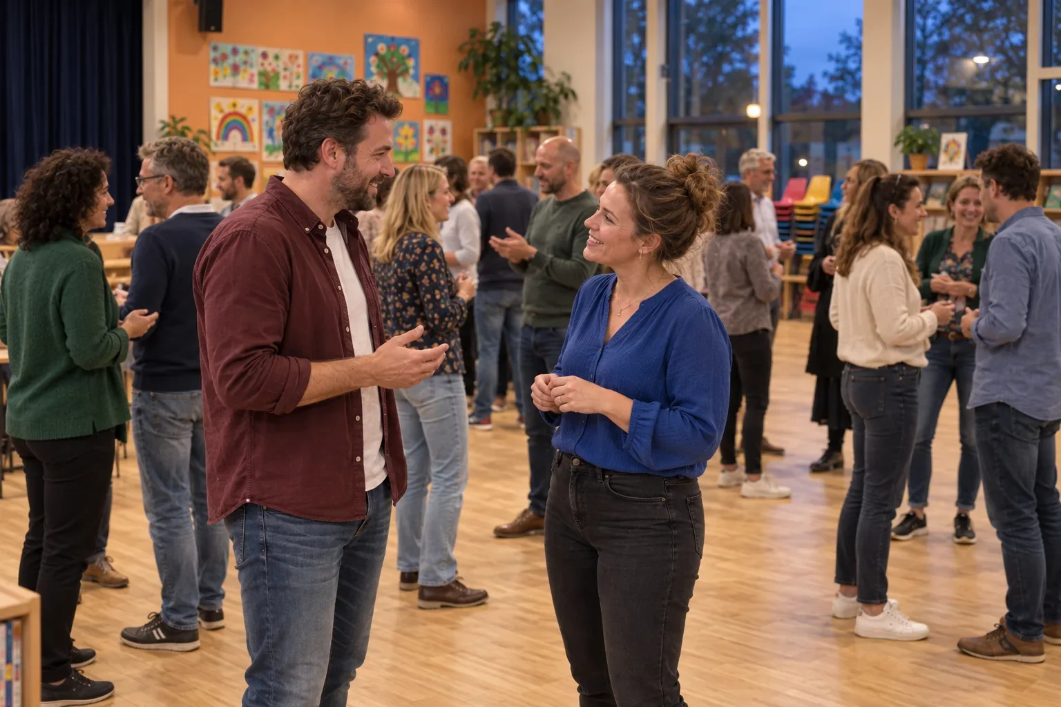 Ouders praten staand in tweetallen tijdens een actieve ouderavond