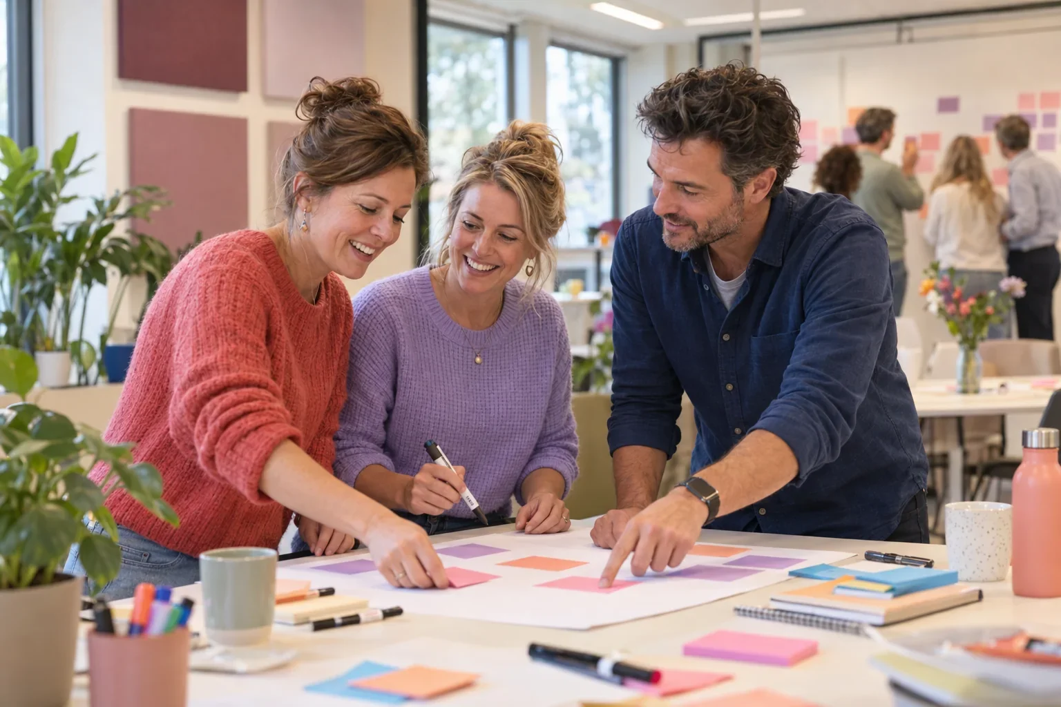 Drie leerkrachten werken samen aan een workshopopdracht met collega’s op de achtergrond
