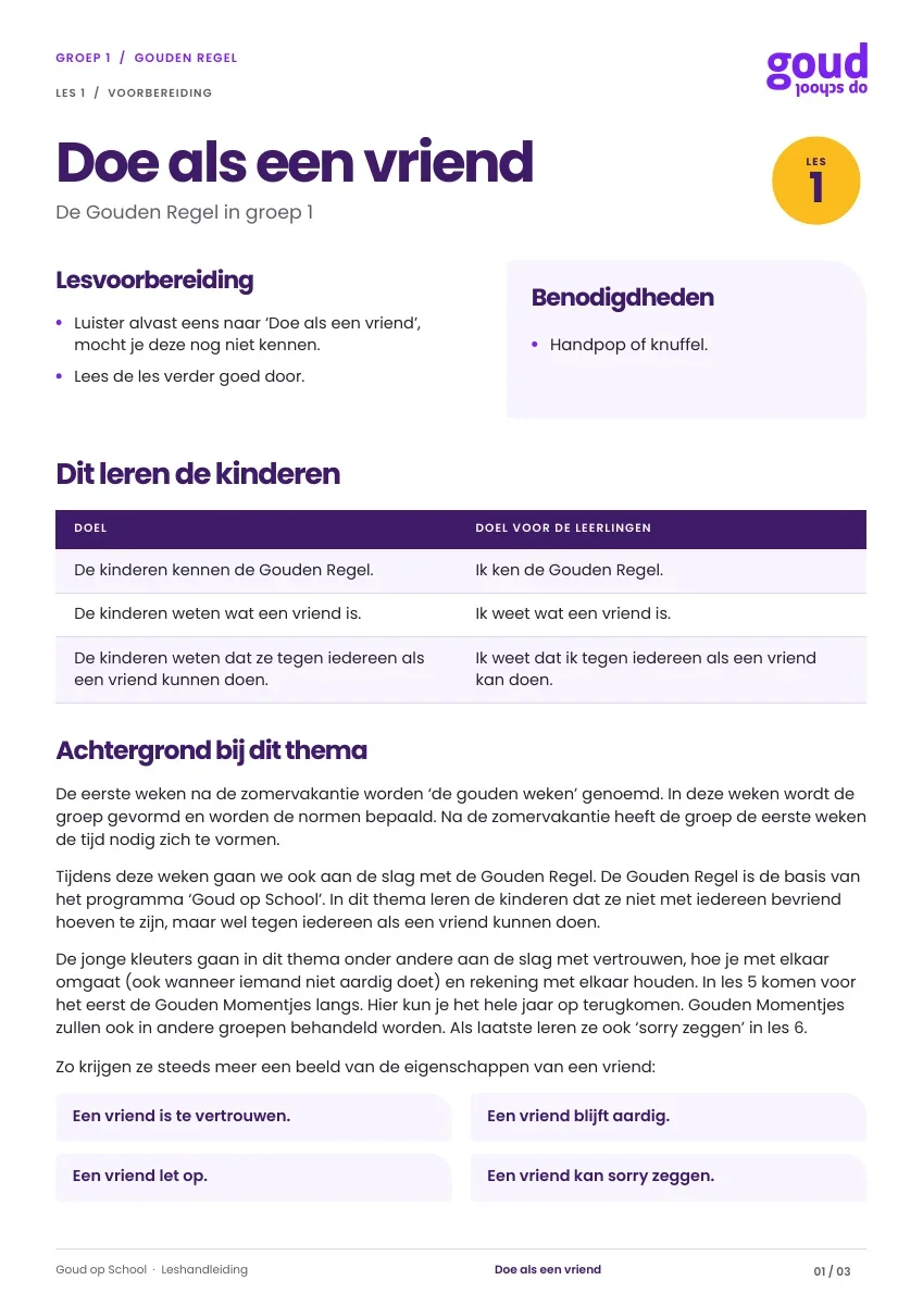 Voorblad van de leshandleiding Doe als een vriend. voor Groep 1