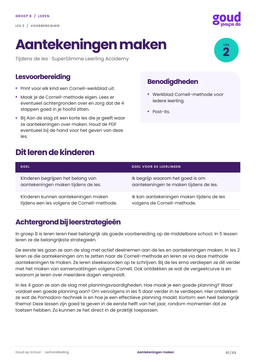 Voorblad van de leshandleiding Aantekeningen maken. voor Groep 8