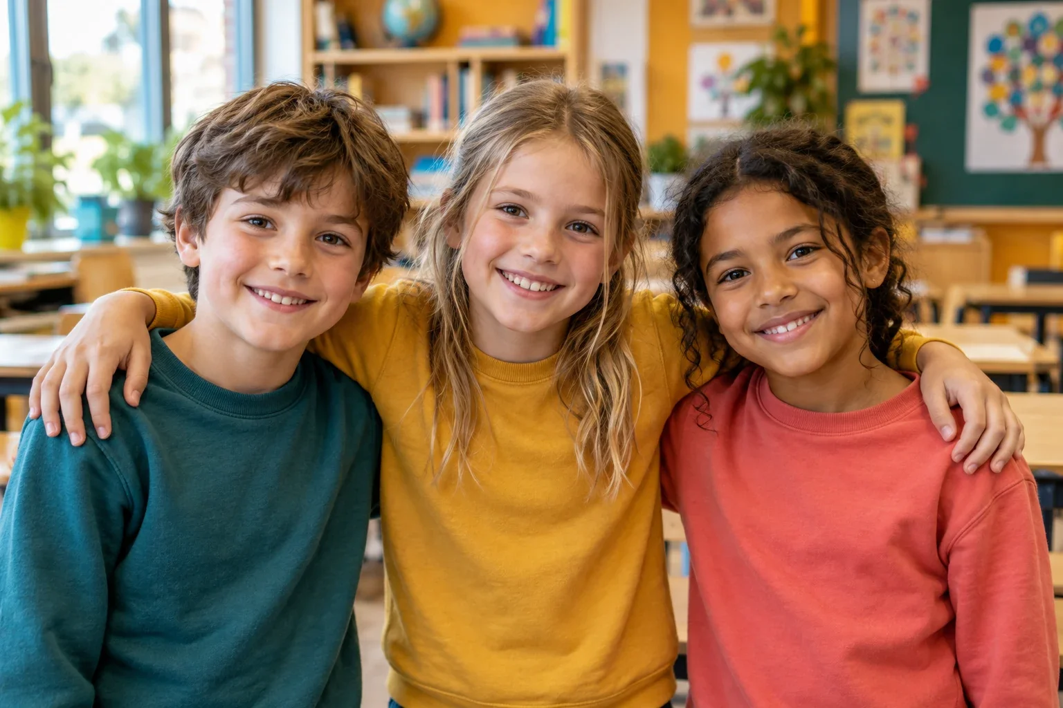 Drie kinderen die met hun armen om elkaars schouders naast elkaar staan